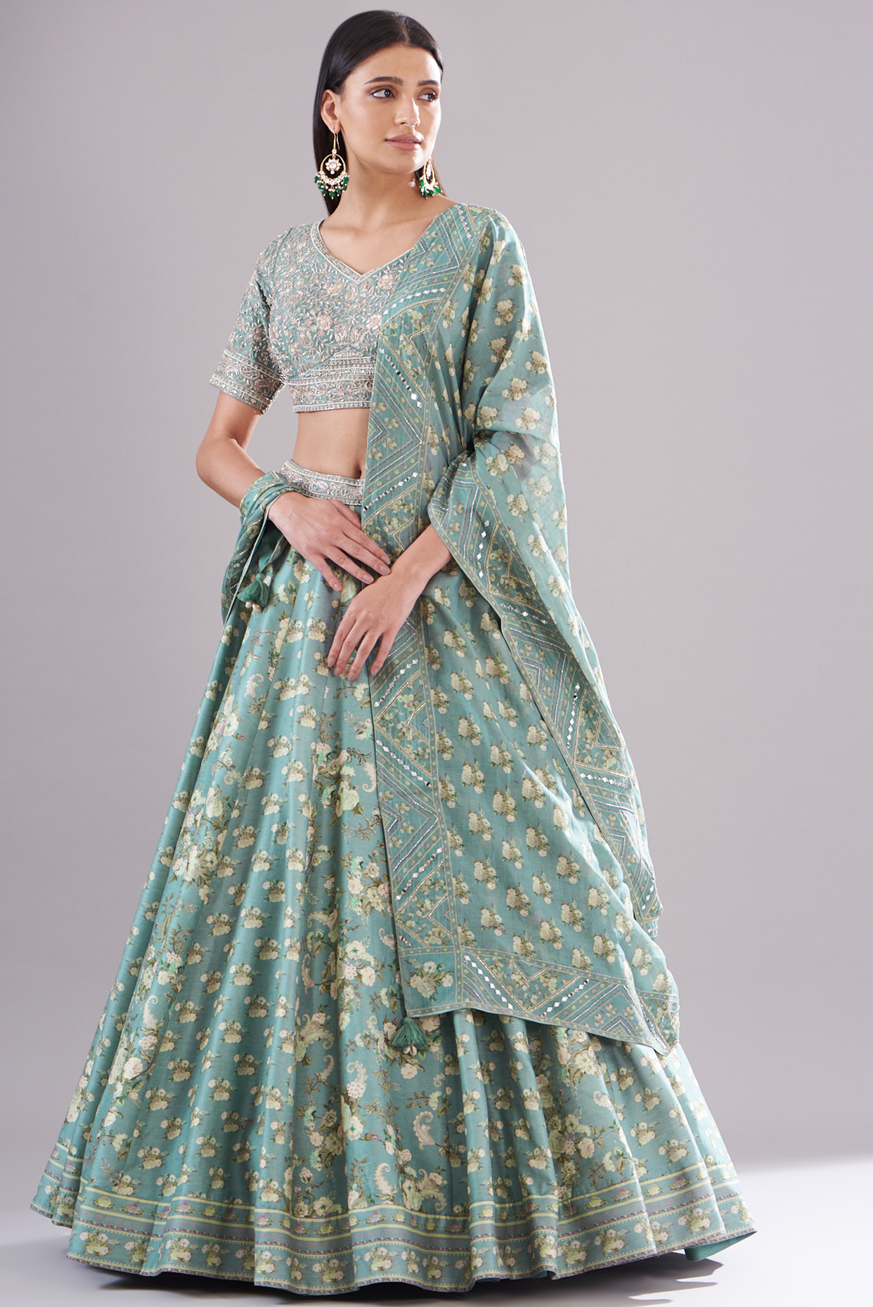 Ice Blue Chanderi Silk Paisley Printed Lehenga Set by Sana Barreja
