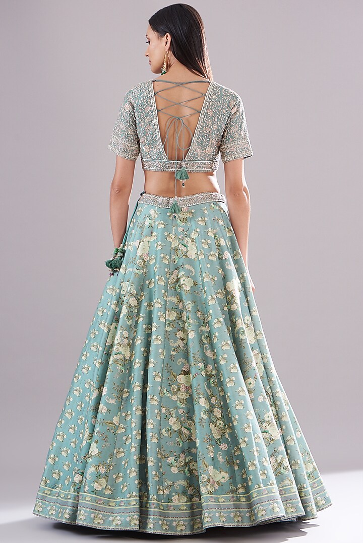 Ice Blue Chanderi Silk Paisley Printed Wedding Lehenga Set by Sana Barreja at Pernia's Pop Up Shop