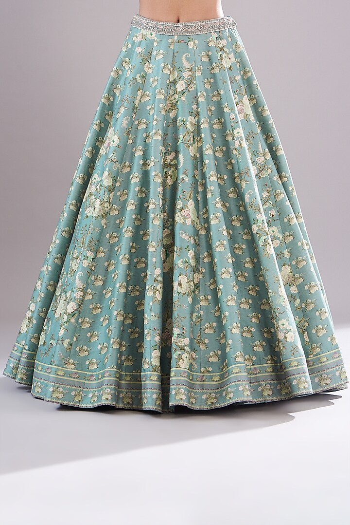Ice Blue Chanderi Silk Paisley Printed Wedding Lehenga Set by Sana Barreja at Pernia's Pop Up Shop