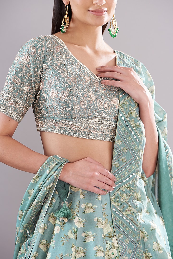 Ice Blue Chanderi Silk Paisley Printed Wedding Lehenga Set by Sana Barreja at Pernia's Pop Up Shop