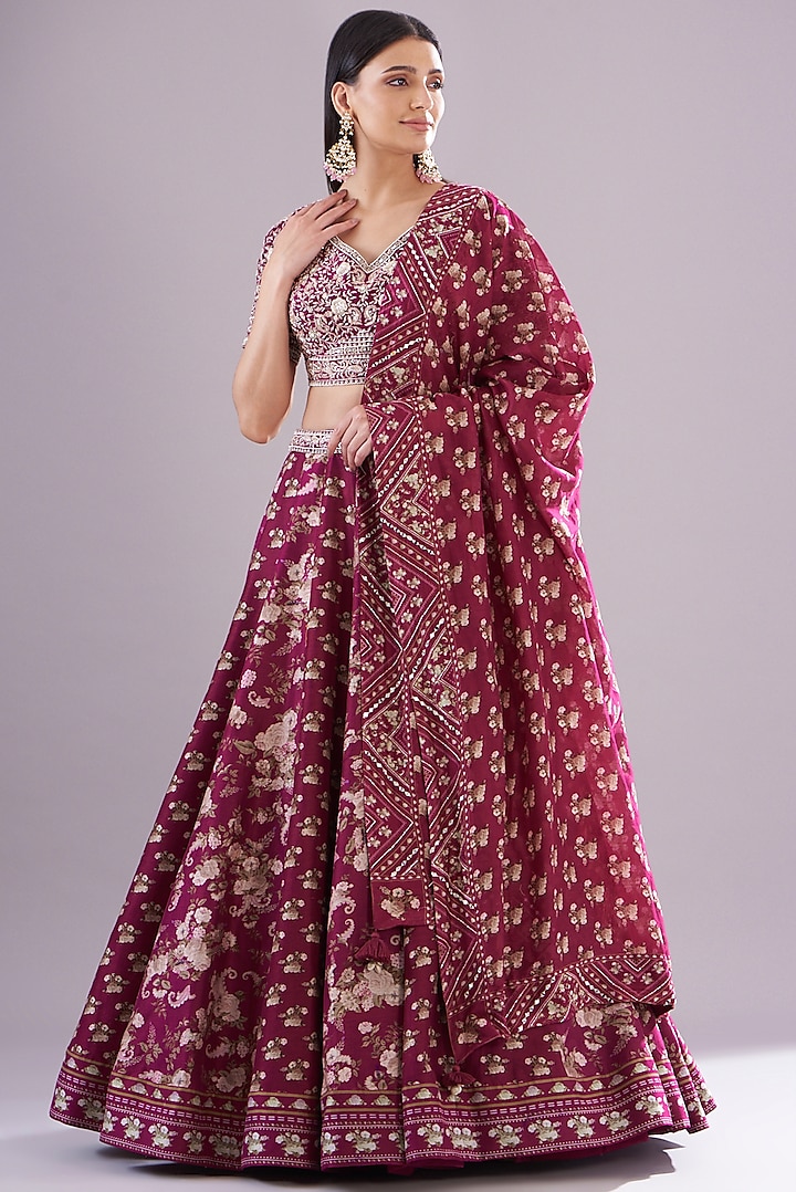 Maroon Chanderi Silk Printed Lehenga Set by Sana Barreja