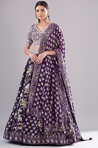 Purple Chanderi Silk Paisley Printed Lehenga Set by Sana Barreja