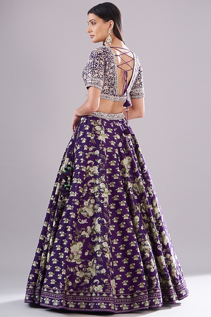 Purple Chanderi Silk Paisley Printed Wedding Lehenga Set by Sana Barreja at Pernia's Pop Up Shop