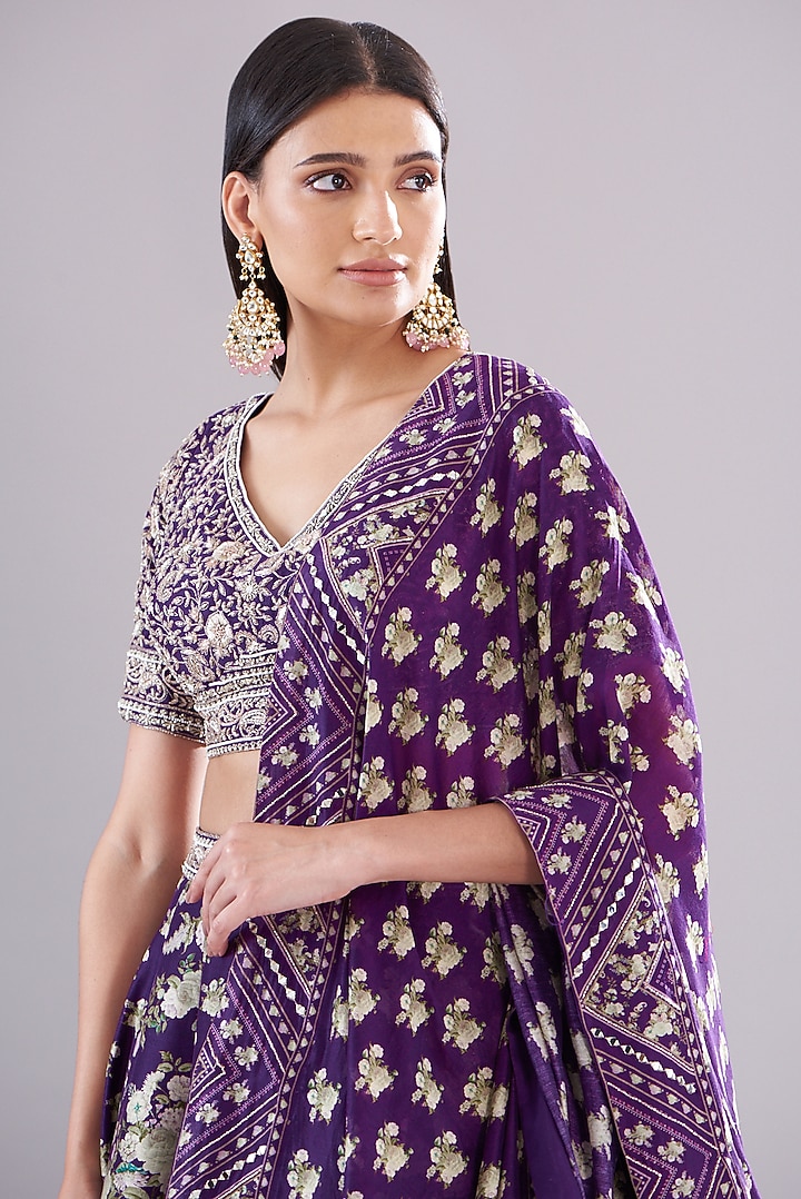 Purple Chanderi Silk Paisley Printed Wedding Lehenga Set by Sana Barreja at Pernia's Pop Up Shop