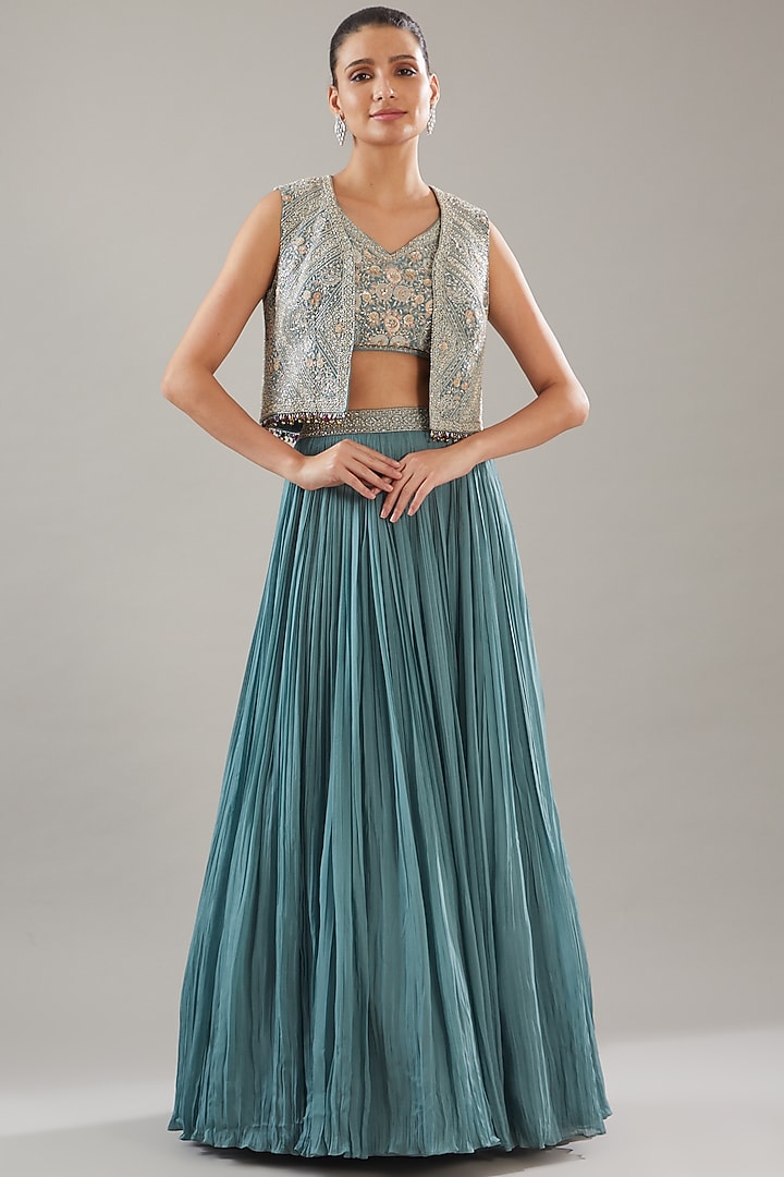 Blue Georgette Embroidered Jacket Wedding Lehenga Set by Sana Barreja at Pernia's Pop Up Shop