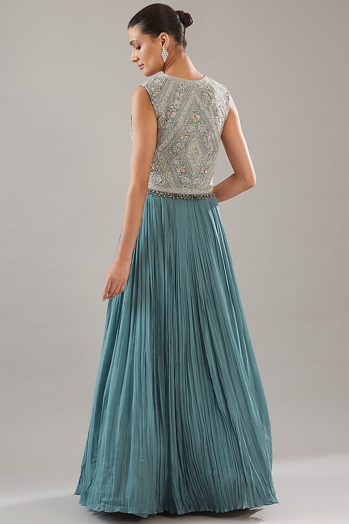 Blue Georgette Embroidered Jacket Wedding Lehenga Set by Sana Barreja at Pernia's Pop Up Shop