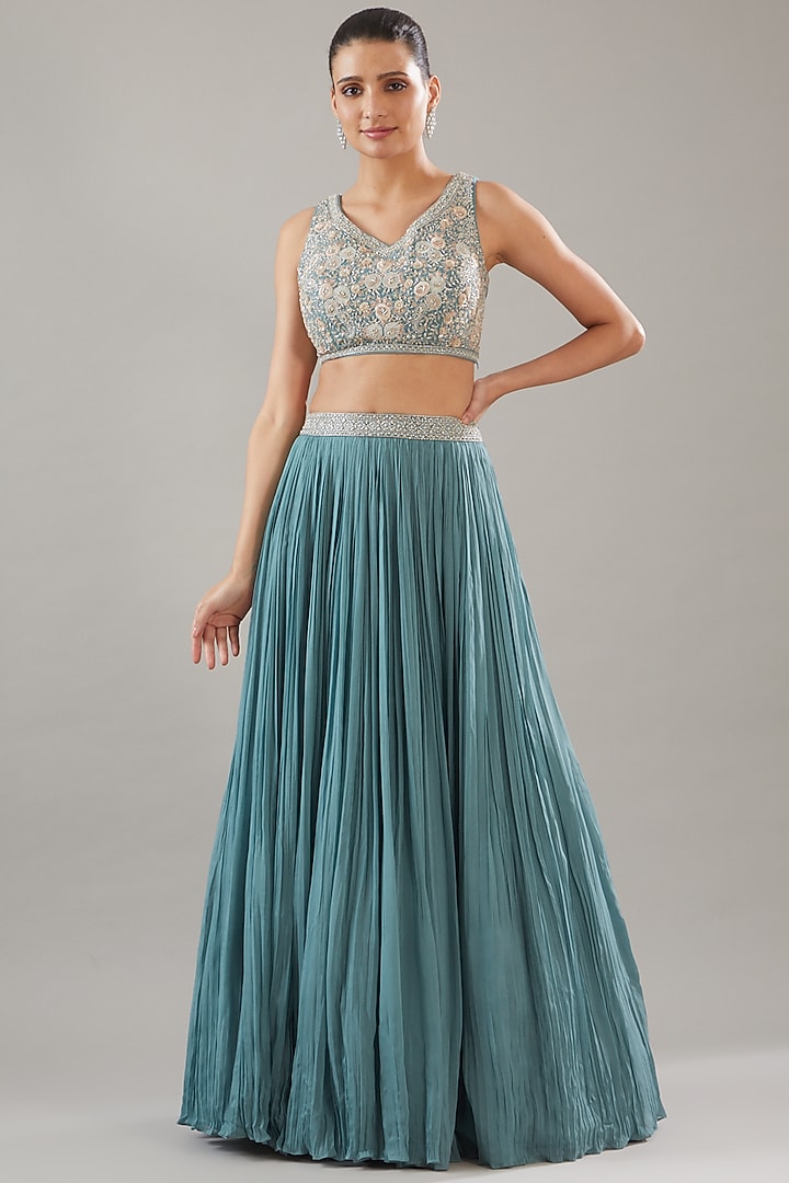 Blue Georgette Embroidered Jacket Wedding Lehenga Set by Sana Barreja at Pernia's Pop Up Shop
