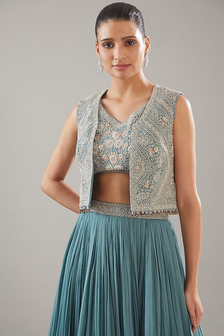 Blue Georgette Embroidered Jacket Wedding Lehenga Set by Sana Barreja at Pernia's Pop Up Shop