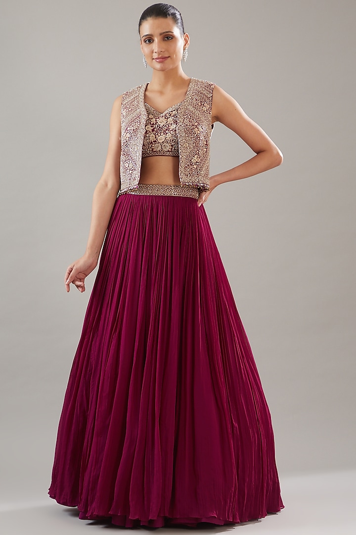 Fuschia Georgette Embroidered Jacket Lehenga Set by Sana Barreja