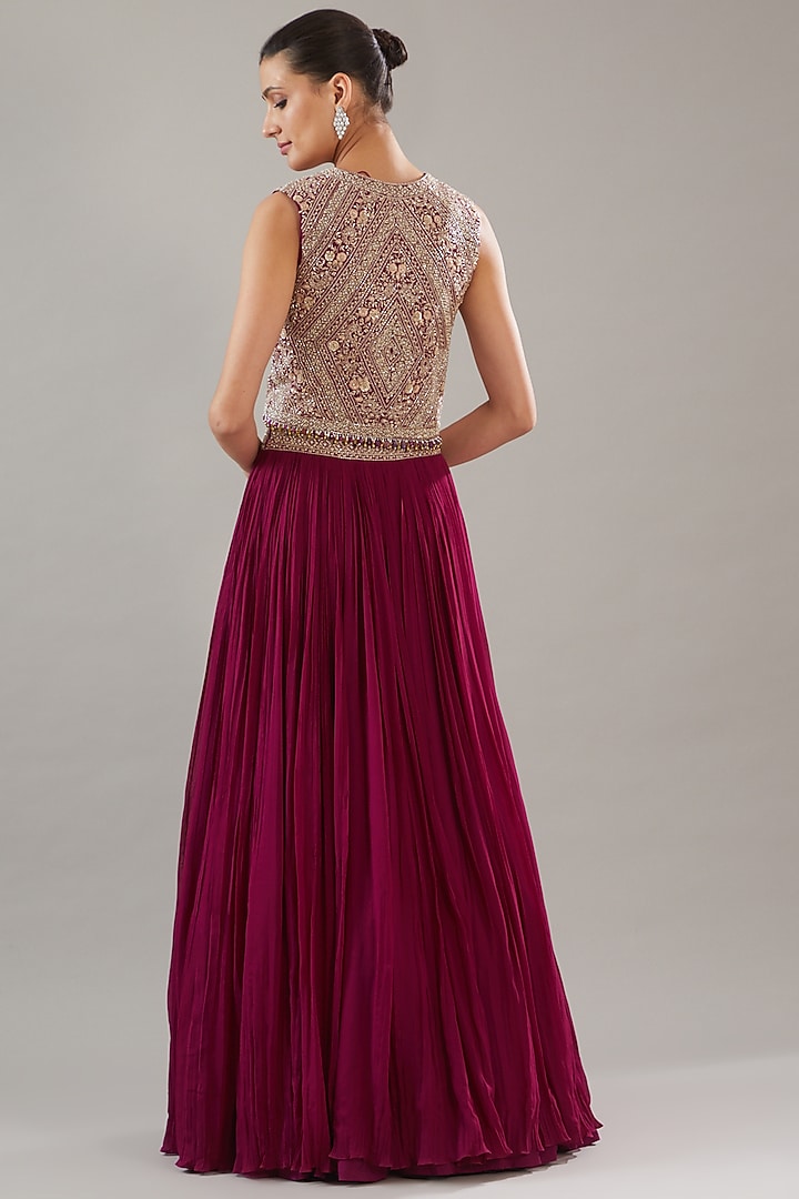 Fuschia Georgette Embroidered Jacket Wedding Lehenga Set by Sana Barreja at Pernia's Pop Up Shop