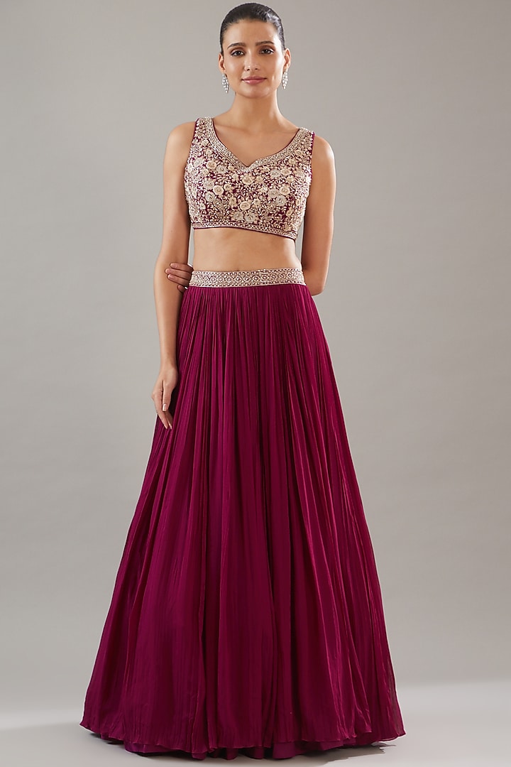 Fuschia Georgette Embroidered Jacket Wedding Lehenga Set by Sana Barreja at Pernia's Pop Up Shop