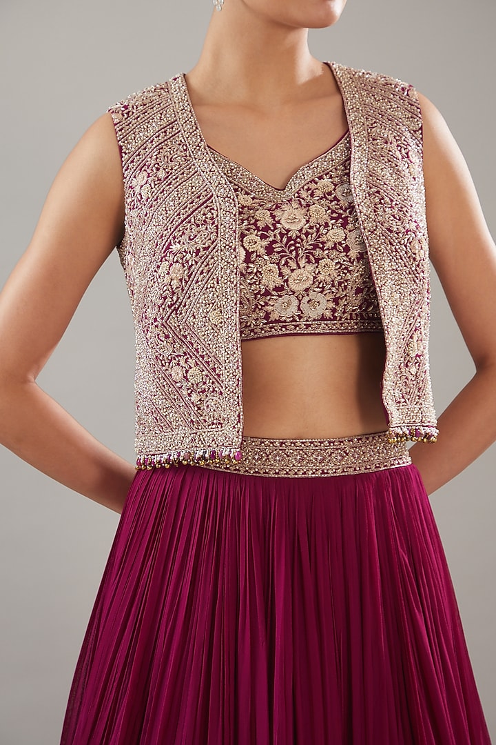 Fuschia Georgette Embroidered Jacket Wedding Lehenga Set by Sana Barreja at Pernia's Pop Up Shop