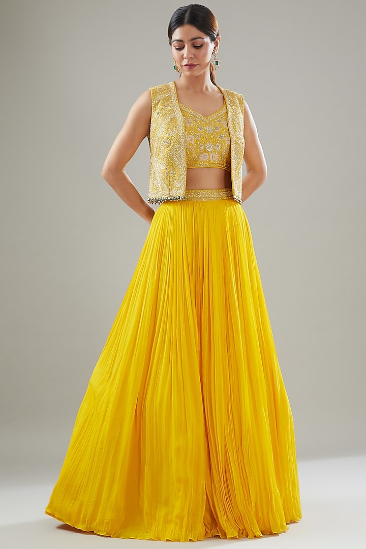 Yellow Georgette Embroidered Jacket Wedding Lehenga Set by Sana Barreja at Pernia's Pop Up Shop