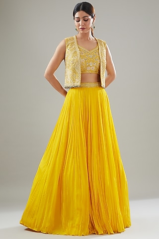 Yellow Georgette Embroidered Jacket Lehenga Set by Sana Barreja