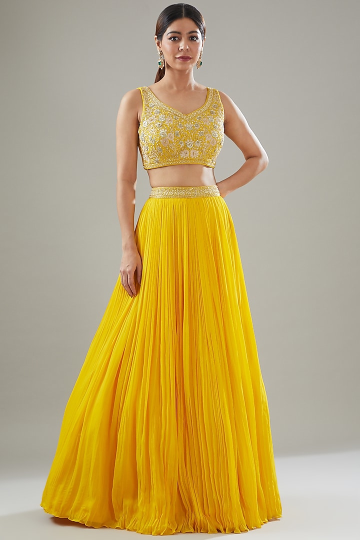 Yellow Georgette Embroidered Jacket Wedding Lehenga Set by Sana Barreja at Pernia's Pop Up Shop