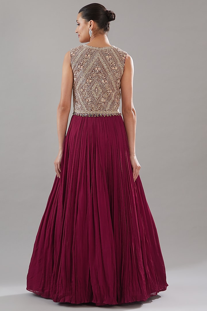 Red Georgette Jacket Wedding Lehenga Set by Sana Barreja at Pernia's Pop Up Shop