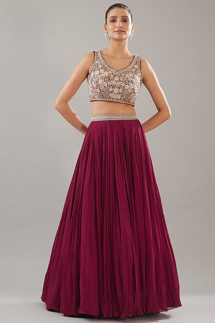 Red Georgette Jacket Wedding Lehenga Set by Sana Barreja at Pernia's Pop Up Shop