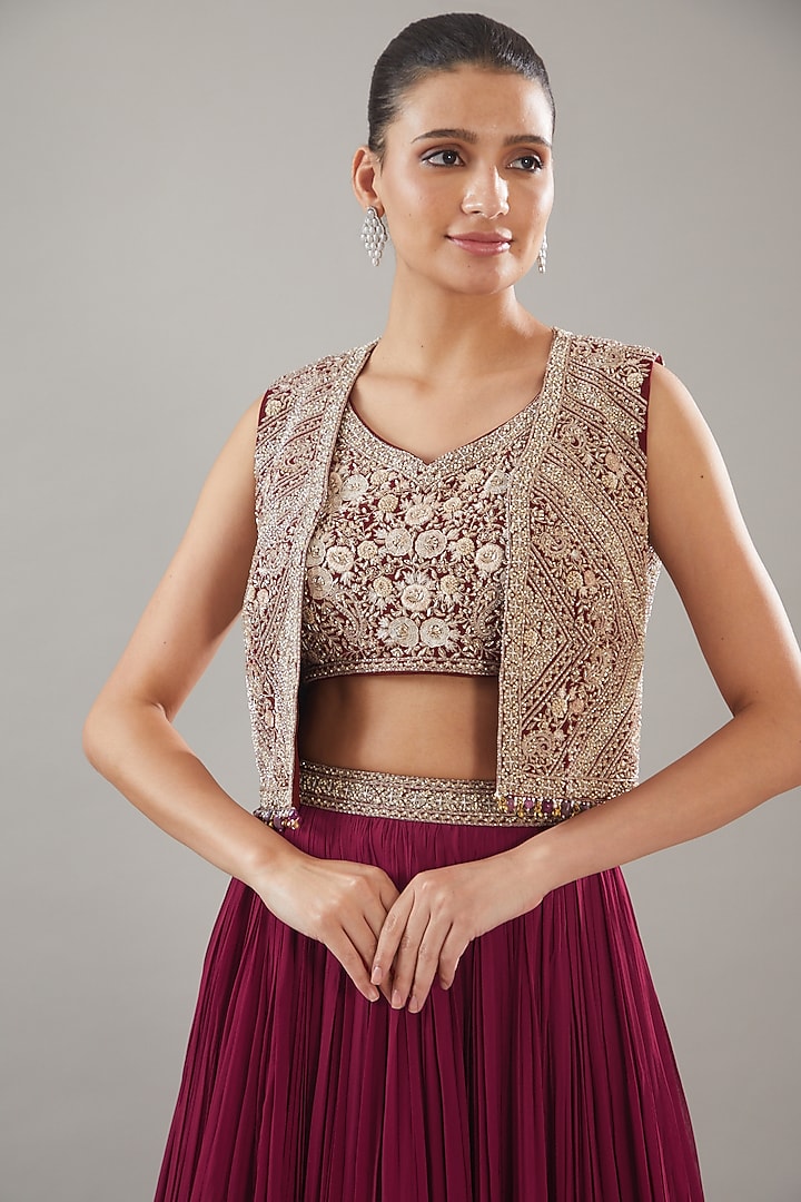 Red Georgette Jacket Wedding Lehenga Set by Sana Barreja at Pernia's Pop Up Shop