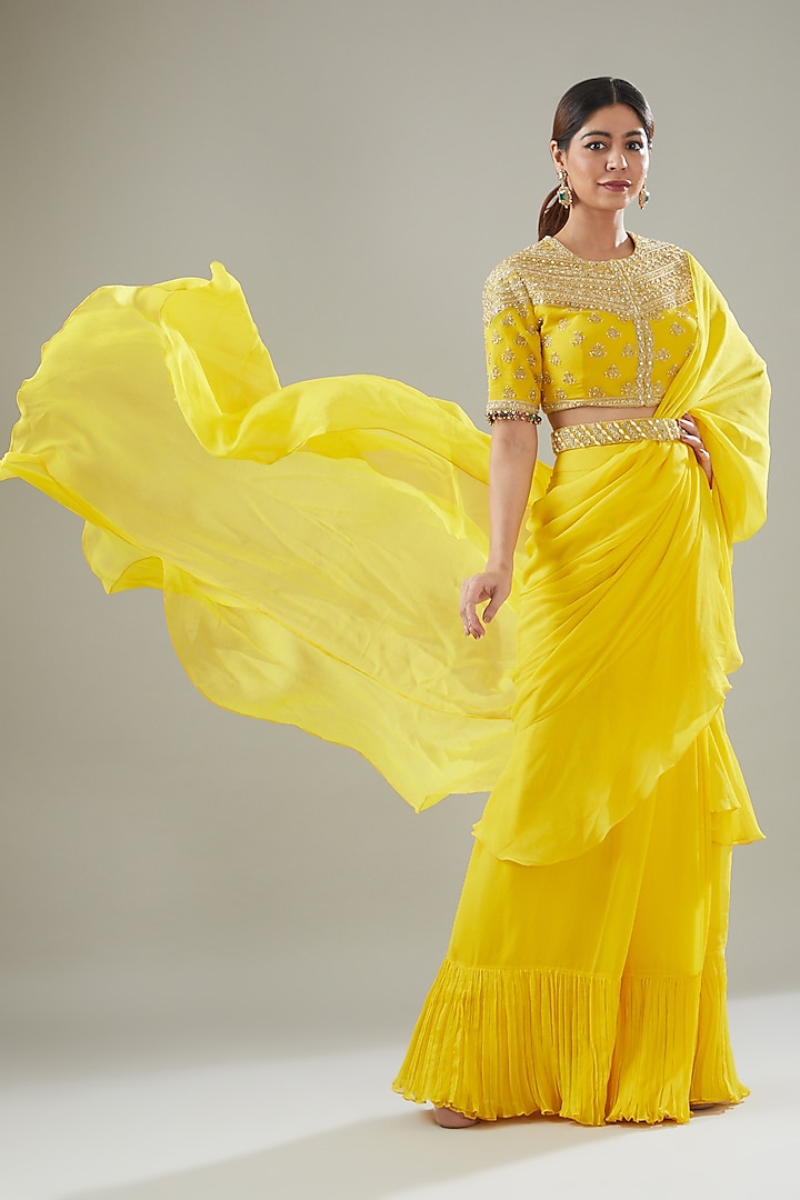 Yellow Silk Chiffon Pre-Stitched Saree Set by Sana Barreja