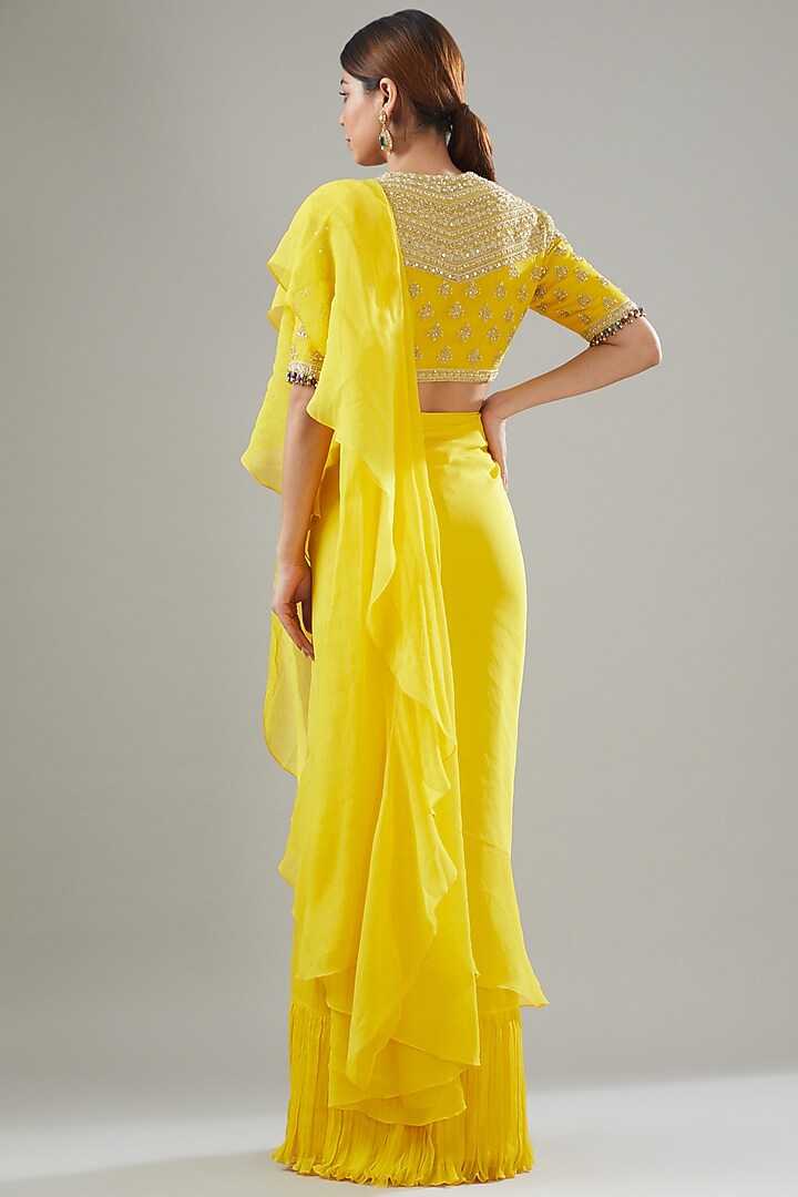 Yellow Silk Chiffon Pre-Stitched Wedding Saree Set by Sana Barreja at Pernia's Pop Up Shop