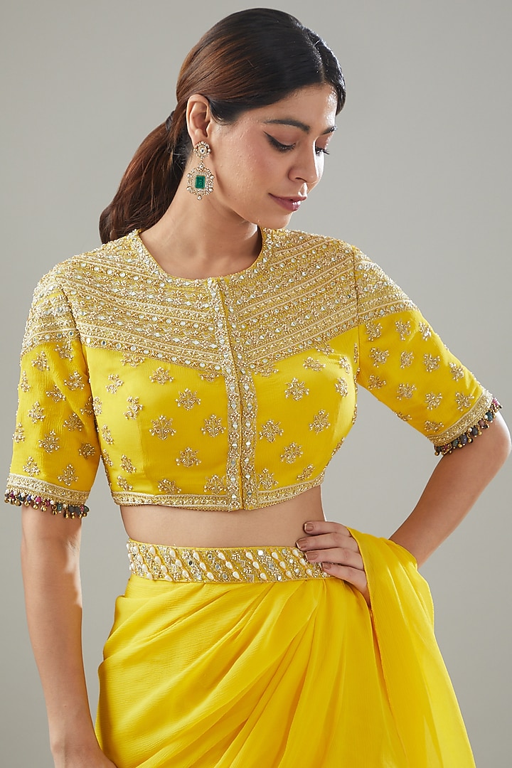 Yellow Silk Chiffon Pre-Stitched Wedding Saree Set by Sana Barreja at Pernia's Pop Up Shop