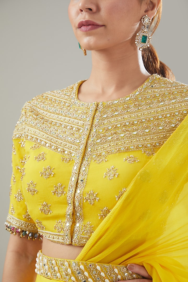 Yellow Silk Chiffon Pre-Stitched Wedding Saree Set by Sana Barreja at Pernia's Pop Up Shop