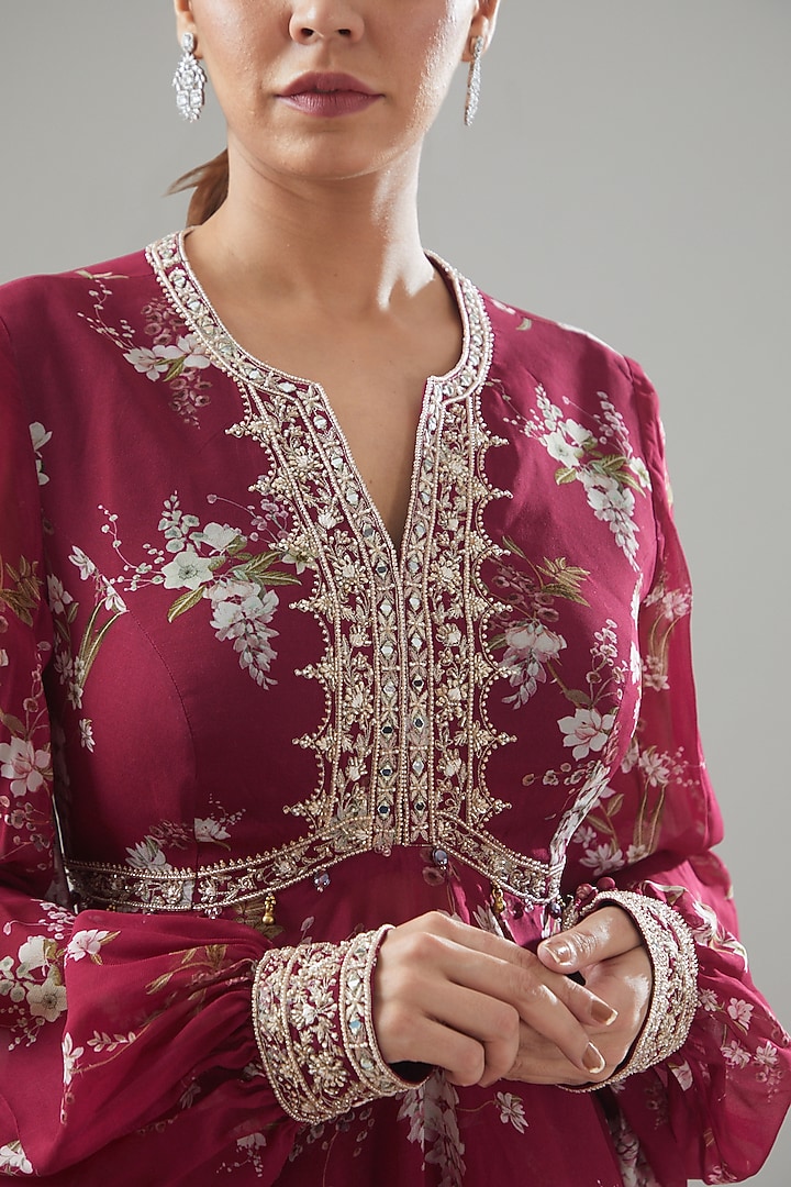 Fuschia Georgette Printed Party Wear Sharara Set by Sana Barreja at Pernia's Pop Up Shop
