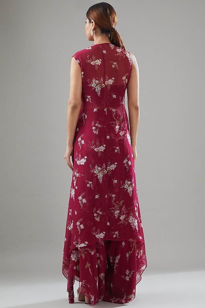 Fuschia Georgette Printed & Embroidered Jacket Set by Sana Barreja at Pernia's Pop Up Shop