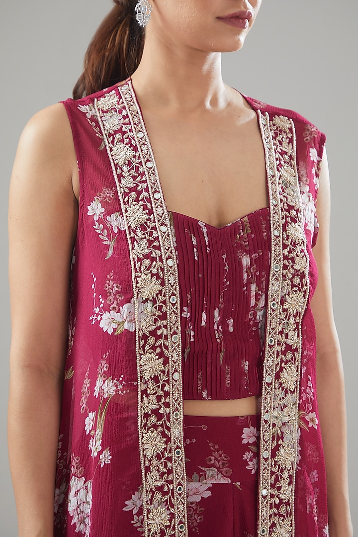 Fuschia Georgette Printed & Embroidered Jacket Set by Sana Barreja at Pernia's Pop Up Shop