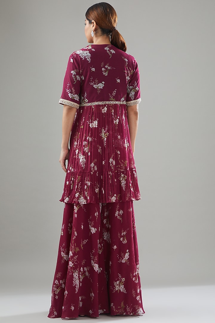 Fuschia Georgette Printed & Embroidered Jacket Set by Sana Barreja at Pernia's Pop Up Shop