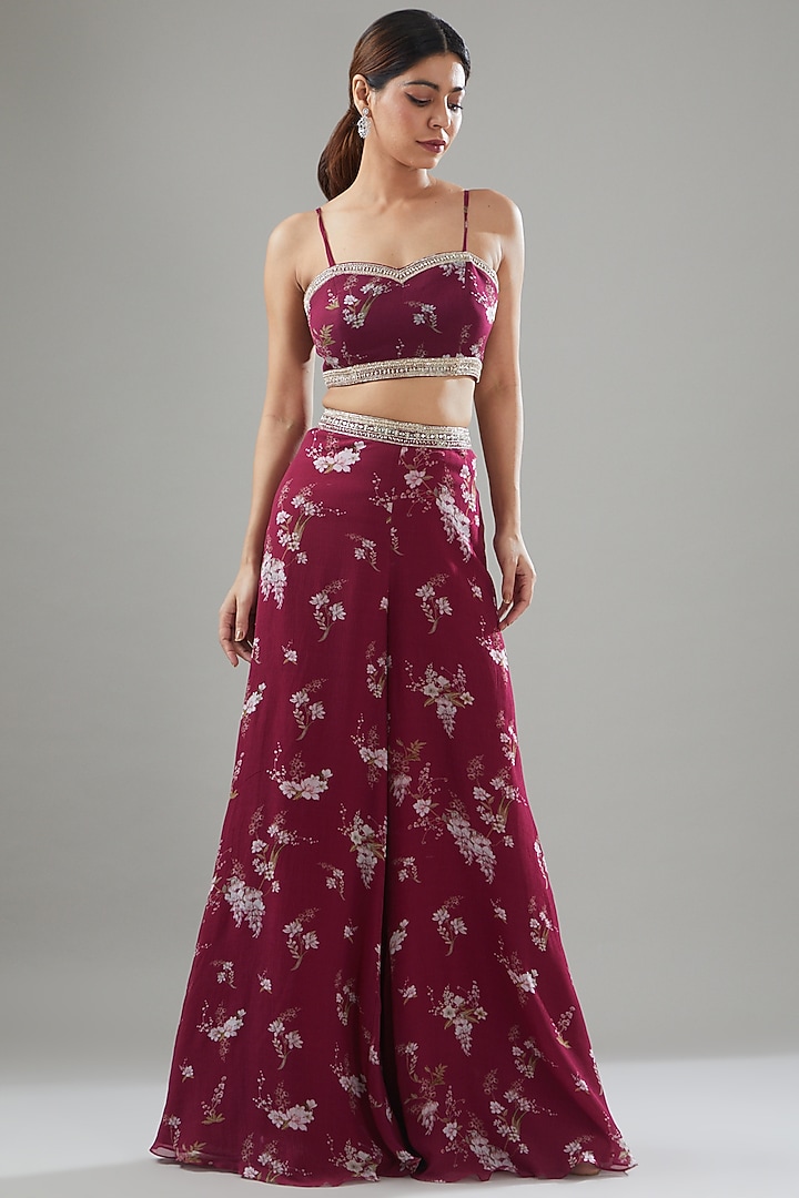 Fuschia Georgette Printed & Embroidered Jacket Set by Sana Barreja at Pernia's Pop Up Shop