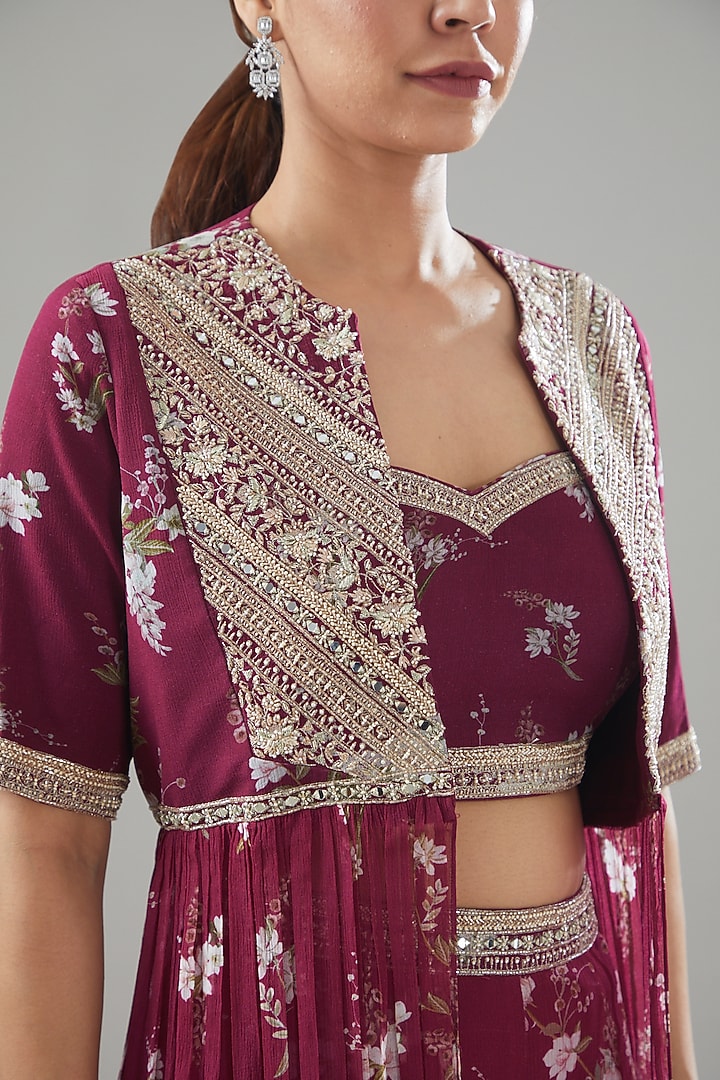 Fuschia Georgette Printed & Embroidered Jacket Set by Sana Barreja at Pernia's Pop Up Shop