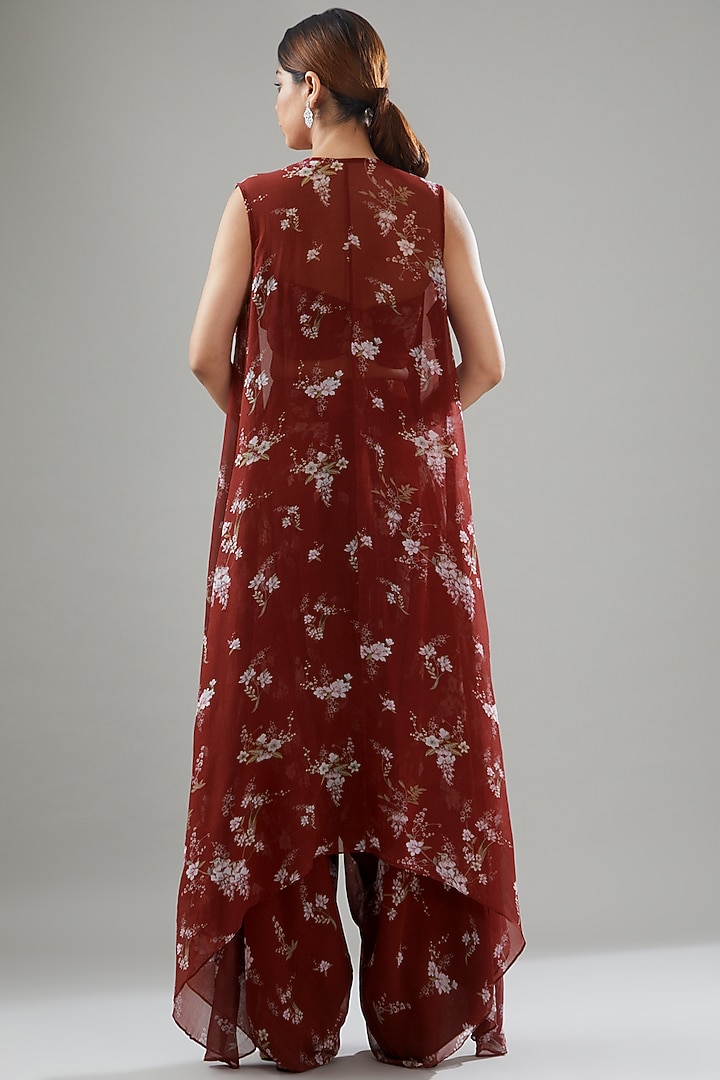 Red Georgette Printed & Embroidered Jacket Set by Sana Barreja at Pernia's Pop Up Shop