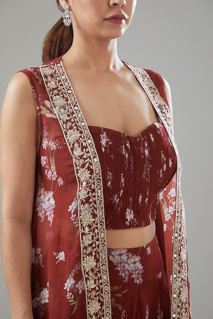 Red Georgette Printed & Embroidered Jacket Set by Sana Barreja at Pernia's Pop Up Shop