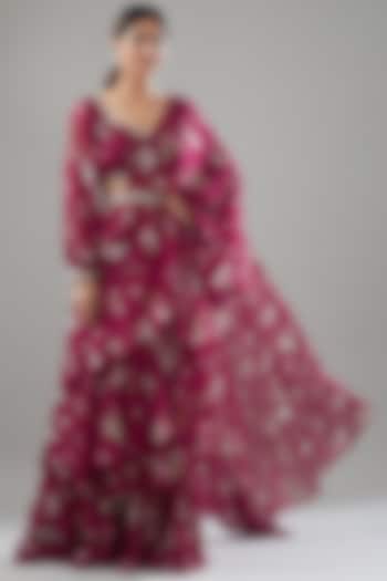 Fuschia Georgette Printed Saree Set by Sana Barreja