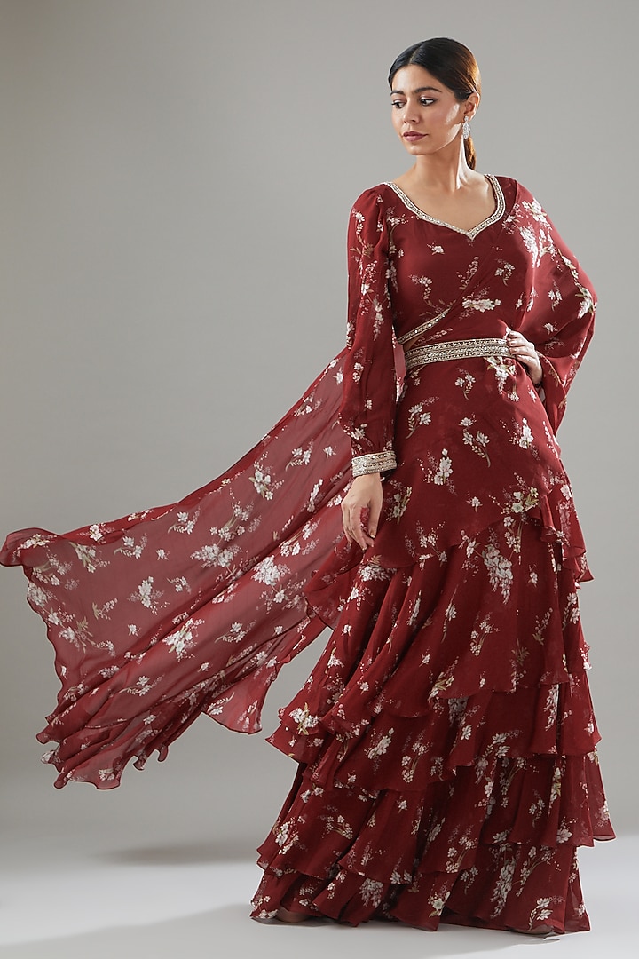Red Georgette Magnolia Printed Wedding Saree Set by Sana Barreja at Pernia's Pop Up Shop