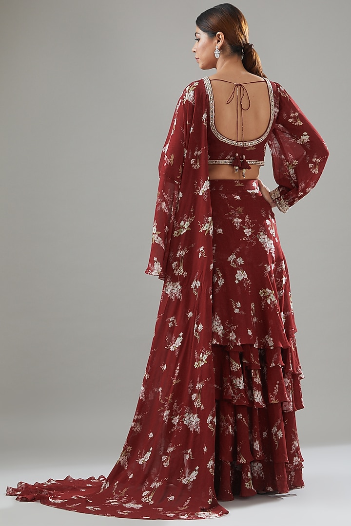 Red Georgette Magnolia Printed Wedding Saree Set by Sana Barreja at Pernia's Pop Up Shop