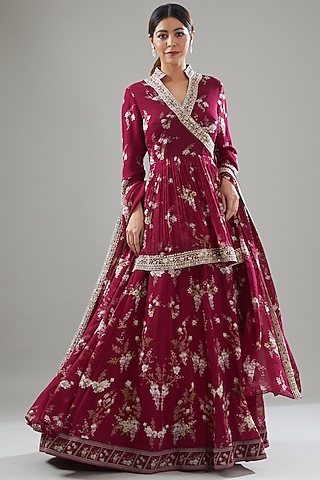 Fuschia Georgette Printed & Embroidered Lehenga Set by Sana Barreja