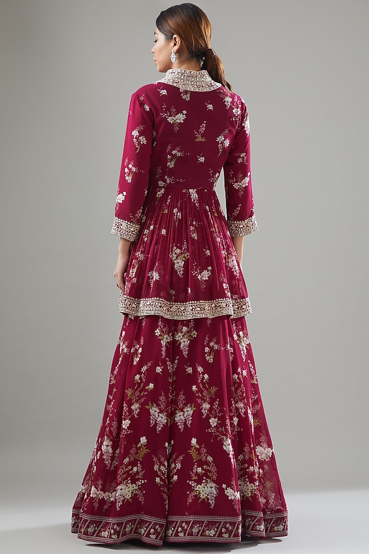 Fuschia Georgette Printed & Embroidered Wedding Lehenga Set by Sana Barreja at Pernia's Pop Up Shop