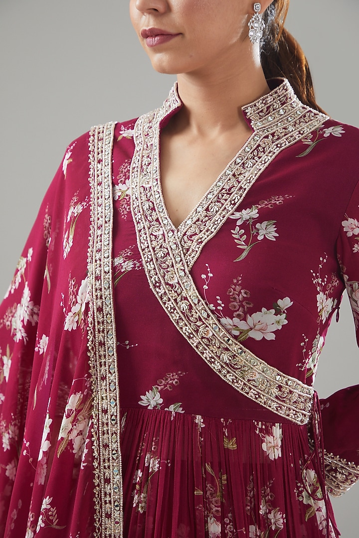 Fuschia Georgette Printed & Embroidered Wedding Lehenga Set by Sana Barreja at Pernia's Pop Up Shop