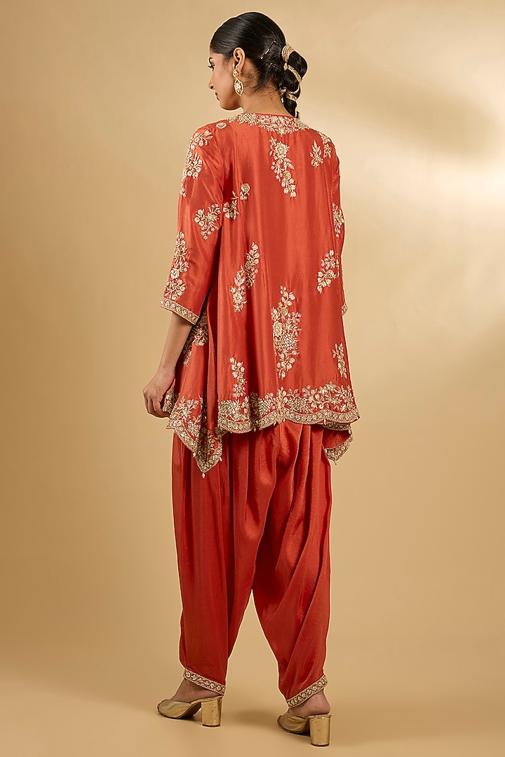 Coral Pure Dupion Silk Hand Embroidered Kurta Set by Sana Barreja at Pernia's Pop Up Shop