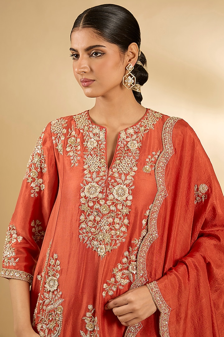 Coral Pure Dupion Silk Hand Embroidered Kurta Set by Sana Barreja at Pernia's Pop Up Shop