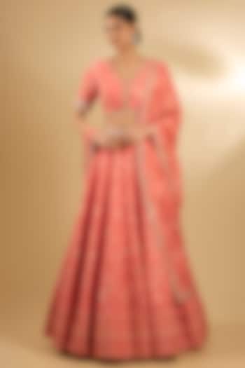 Coral Pure Silk Chanderi Floral Printed Wedding Lehenga Set by Sana Barreja at Pernia's Pop Up Shop