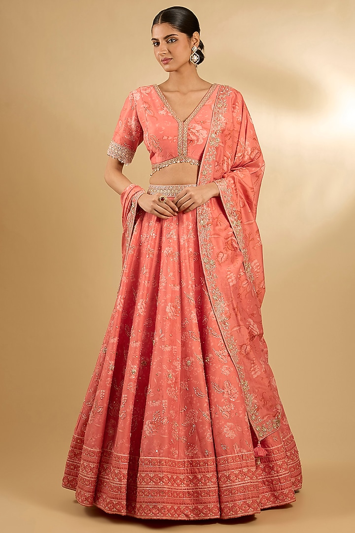 Coral Pure Silk Chanderi Floral Printed Wedding Lehenga Set by Sana Barreja at Pernia's Pop Up Shop
