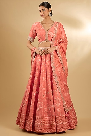 Coral Pure Silk Chanderi Floral Printed Lehenga Set by Sana Barreja
