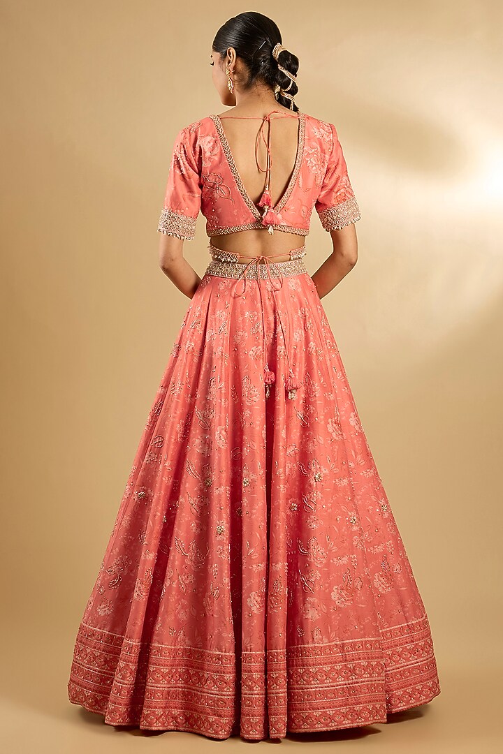 Coral Pure Silk Chanderi Floral Printed Wedding Lehenga Set by Sana Barreja at Pernia's Pop Up Shop