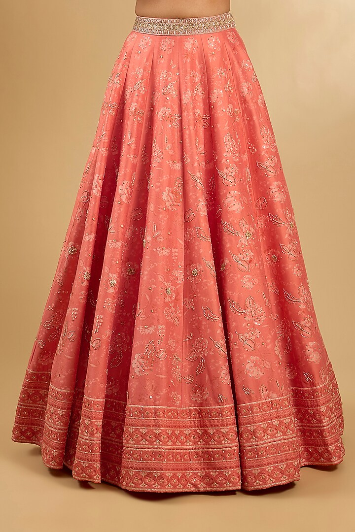 Coral Pure Silk Chanderi Floral Printed Wedding Lehenga Set by Sana Barreja at Pernia's Pop Up Shop