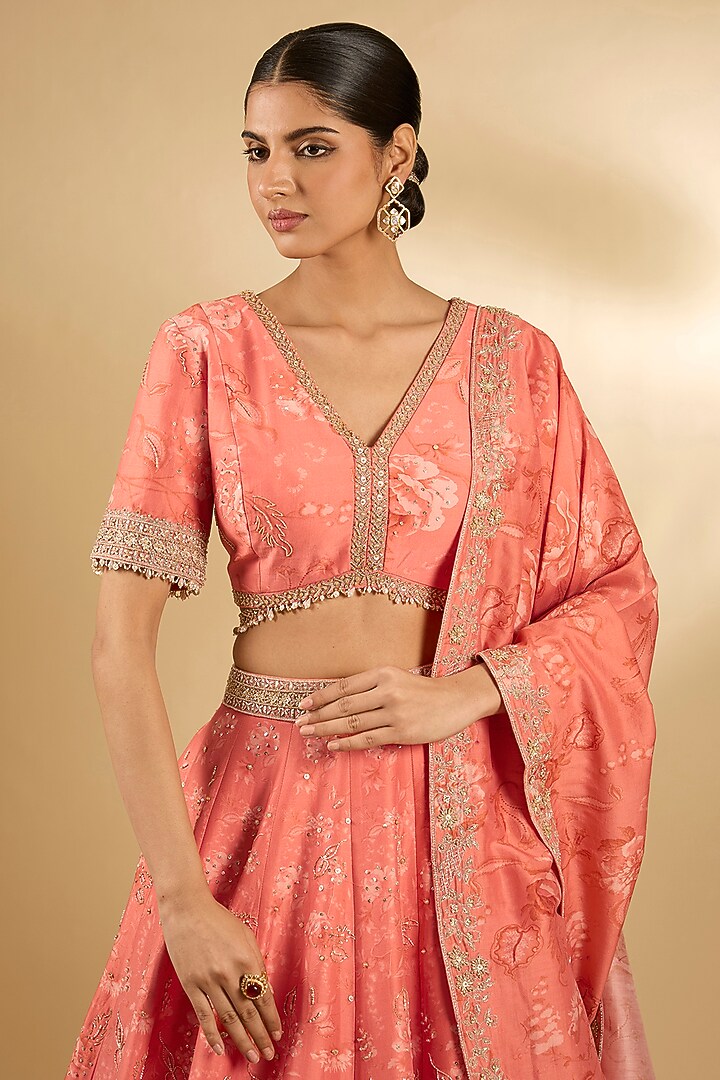 Coral Pure Silk Chanderi Floral Printed Wedding Lehenga Set by Sana Barreja at Pernia's Pop Up Shop