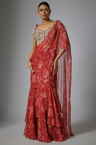 Red Viscose Chiffon Floral Printed Pre-Draped Ruffled Saree Set by Sana Barreja