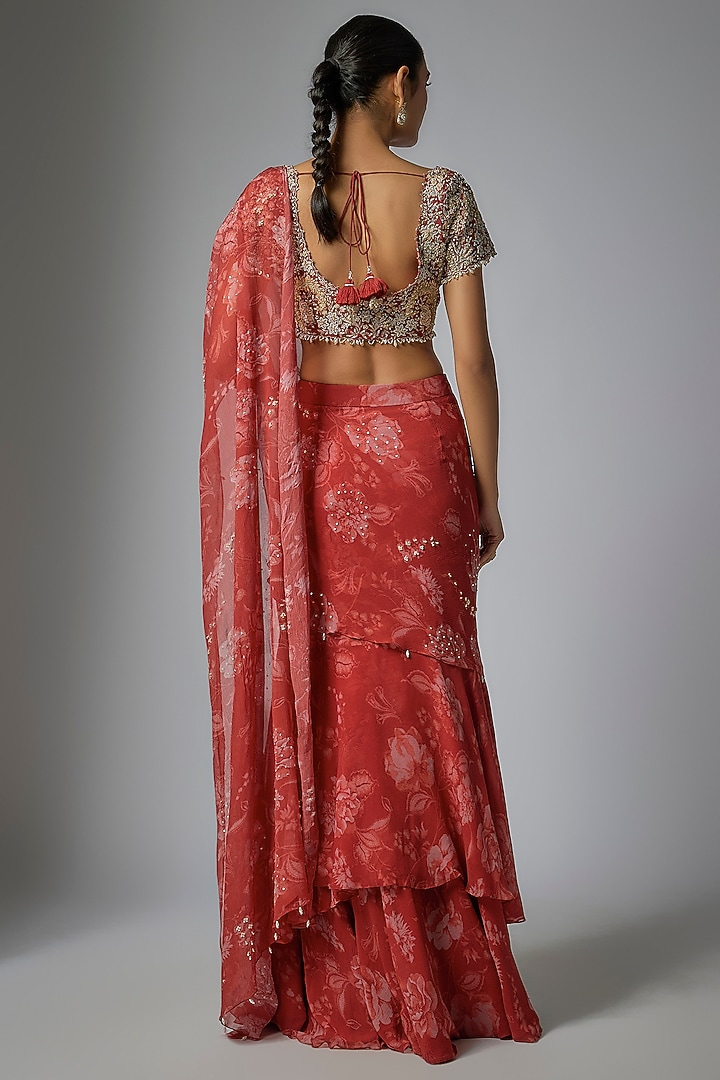 Red Viscose Chiffon Floral Printed Pre-Draped Ruffled Wedding Saree Set by Sana Barreja at Pernia's Pop Up Shop